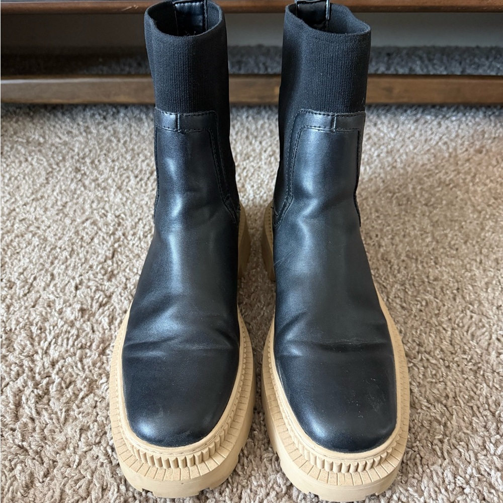 Mango Black Leather Platform Ankle Boots with Tan Soles